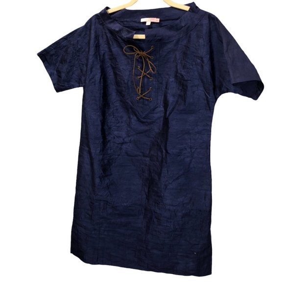 Calypso St Barth Navy Blue cotton crinkle w/leather lace up tunic dress … - Picture 1 of 4